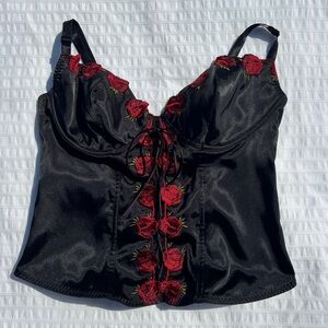 VTG 90s Addition-Elle Black Satin Bustier Corset with Embroidered Roses, 1X